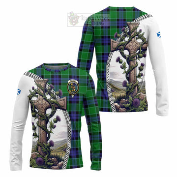 Monteith Tartan Long Sleeve T-Shirt with Family Crest and St. Andrew's Cross Accented by Thistle Vines