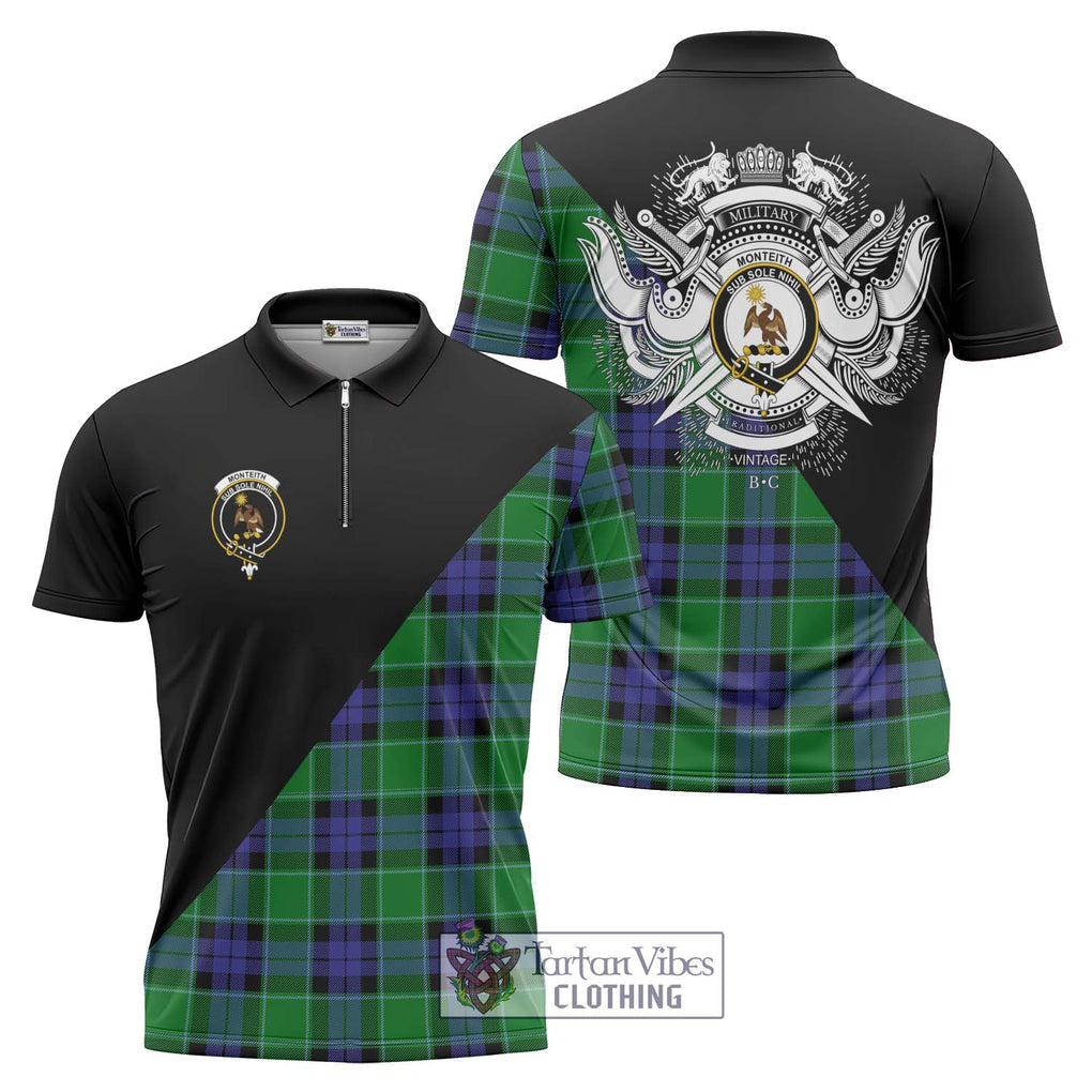 Monteith Tartan Zipper Polo Shirt with Family Crest and Military Logo Style Unisex - Tartanvibesclothing Shop