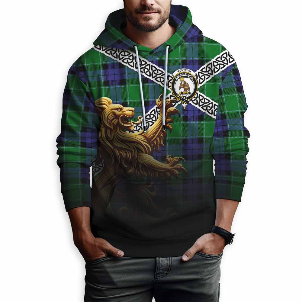 Monteith Crest Tartan Hoodie with Golden Lion Emblem Celtic Style Pullover Hoodie - Tartan Vibes Clothing