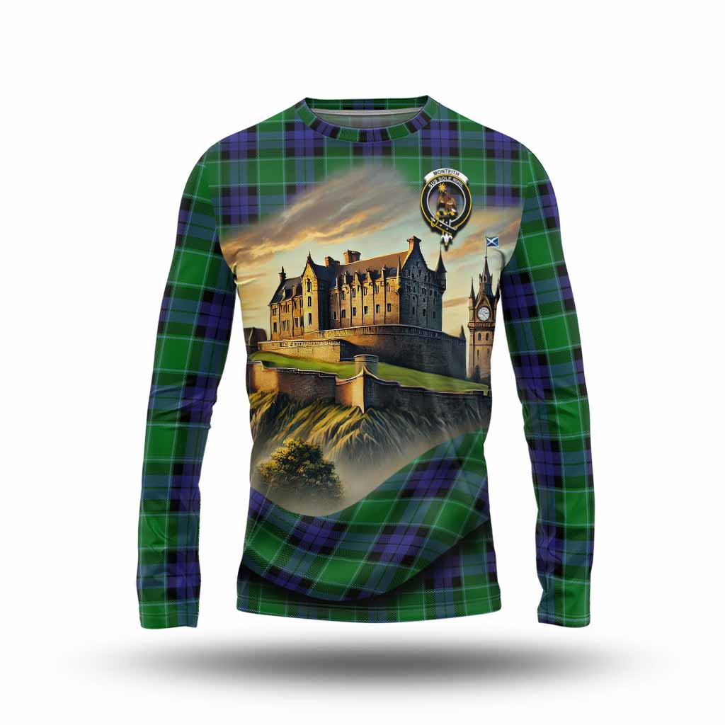 Monteith Tartan Family Crest Long Sleeve T-Shirt with Scottish Ancient Castle Style Unisex - Tartan Vibes Clothing