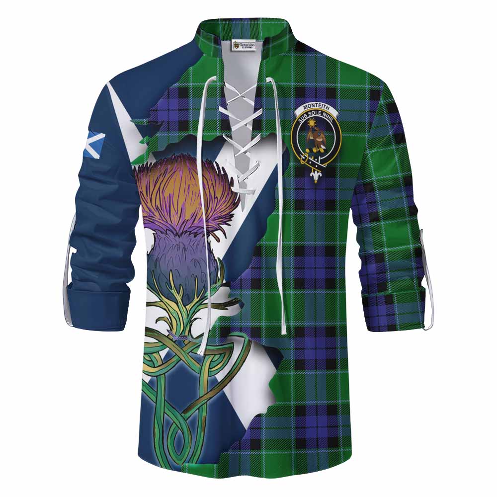 Tartan Vibes Clothing Monteith Tartan Family Crest Ghillie Kilt Shirt Scottish Thistle Celtic Inspired