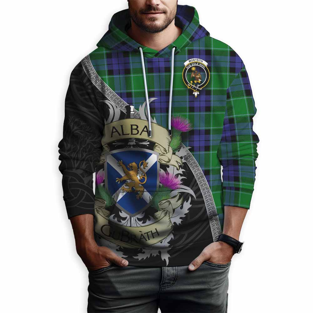 Monteith Tartan Family Crest Hoodie Lion Rampant Royal Thistle Shield Celtic Inspired Pullover Hoodie - Tartan Vibes Clothing
