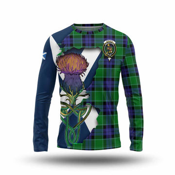 Tartan Vibes Clothing Monteith Tartan Family Crest Long Sleeve T-Shirt Scottish Thistle Celtic Inspired