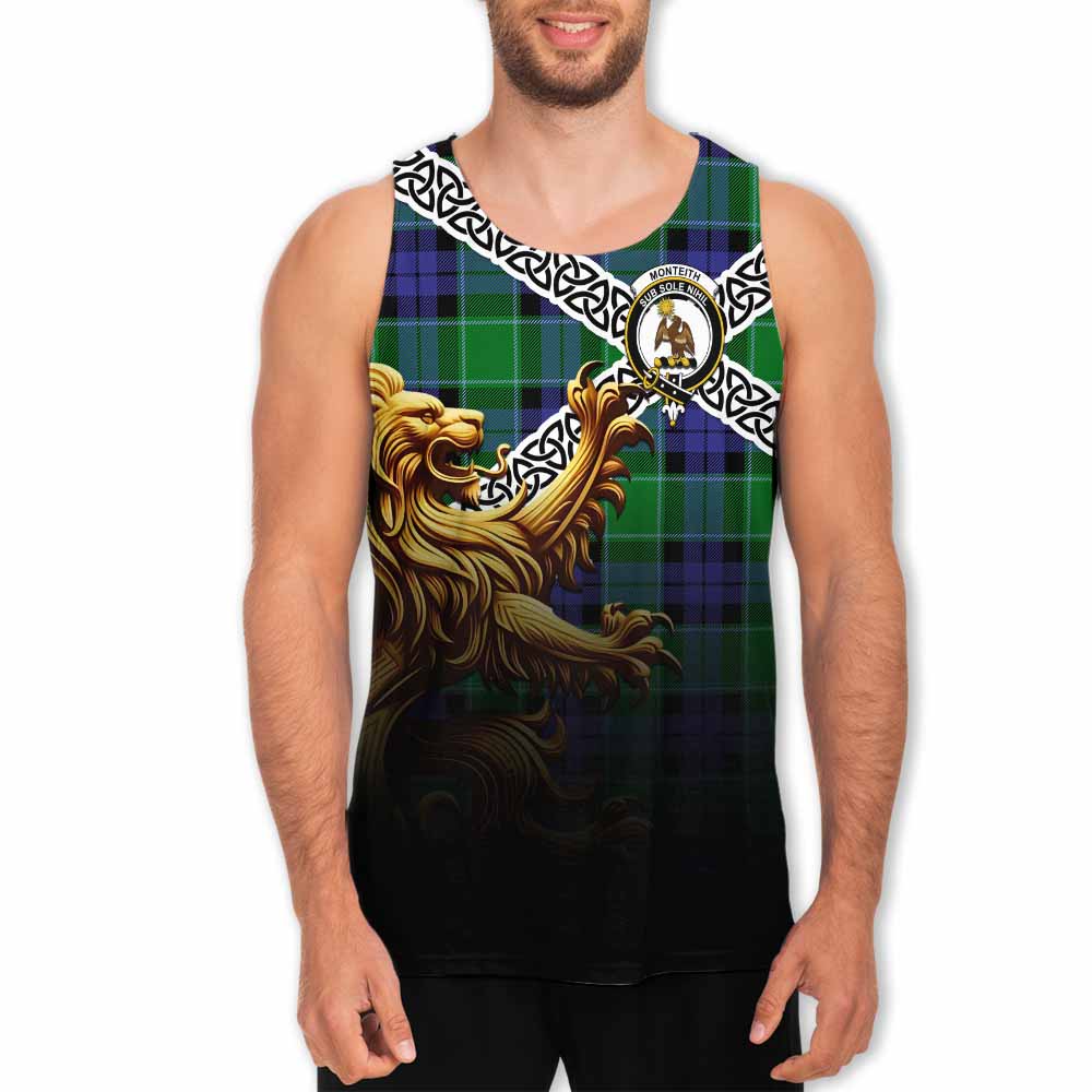 Monteith Crest Tartan Men's Tank Top with Golden Lion Emblem Celtic Style Men - Tartan Vibes Clothing