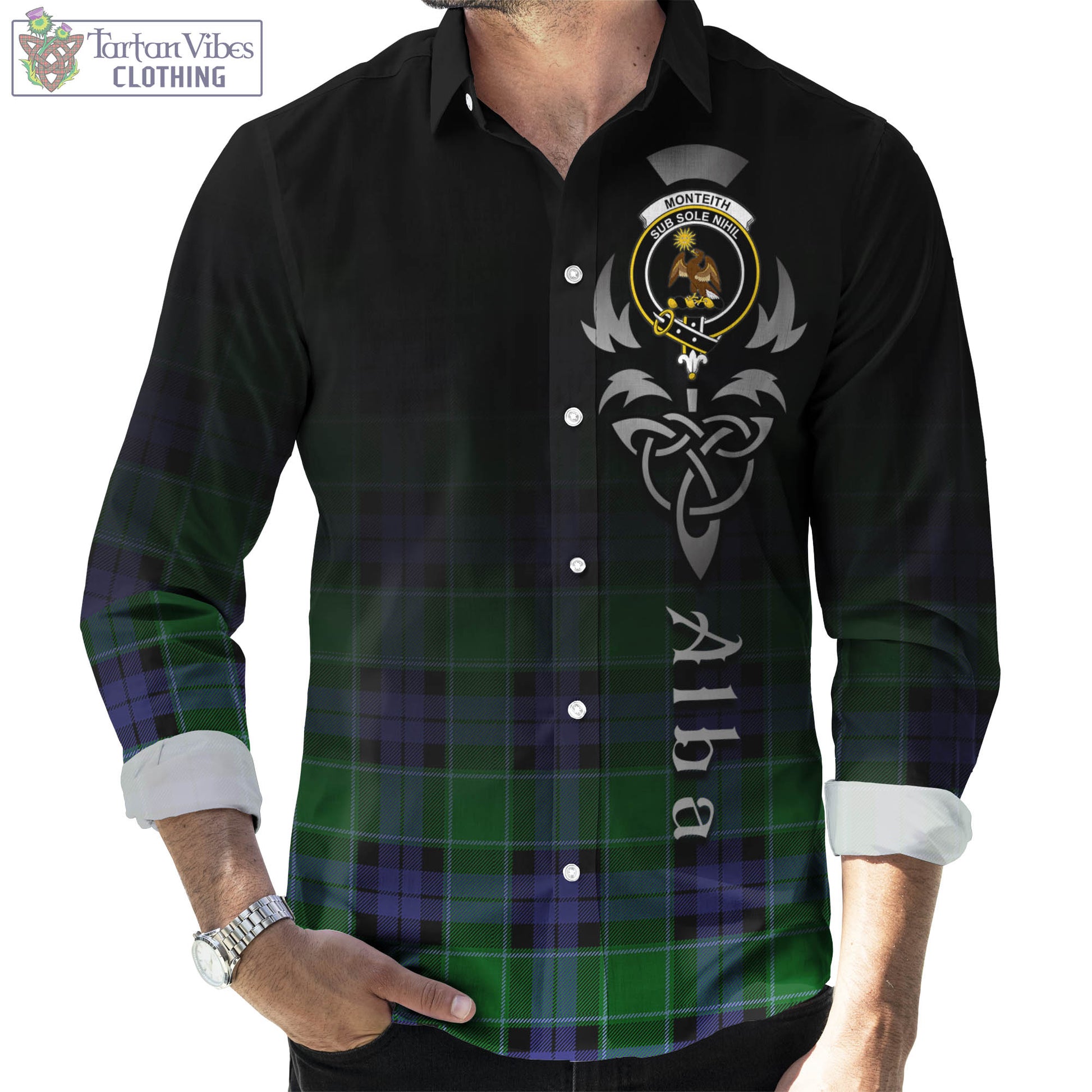 Monteith Tartan Long Sleeve Button Up Featuring Alba Gu Brath Family Crest Celtic Inspired Men's Shirt - Tartan Vibes Clothing