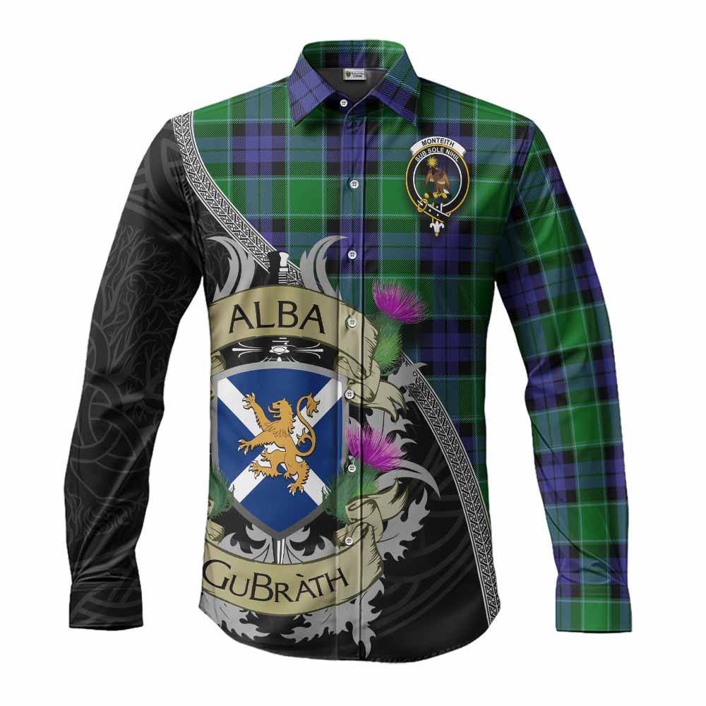 Monteith Tartan Family Crest Long Sleeve Button Shirt Lion Rampant Royal Thistle Shield Celtic Inspired Men's Shirt S - Tartan Vibes Clothing