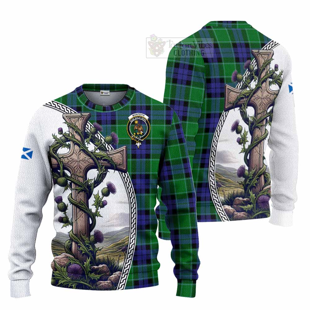 Monteith Tartan Knitted Sweater with Family Crest and St. Andrew's Cross Accented by Thistle Vines Unisex - Tartan Vibes Clothing