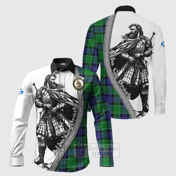 Monteith Tartan Clan Crest Long Sleeve Button Shirt with Highlander Warrior Celtic Style Men's Shirt S - Tartan Vibes Clothing