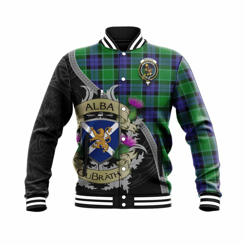Monteith Tartan Family Crest Baseball Jacket Lion Rampant Royal Thistle Shield Celtic Inspired Unisex - Tartan Vibes Clothing