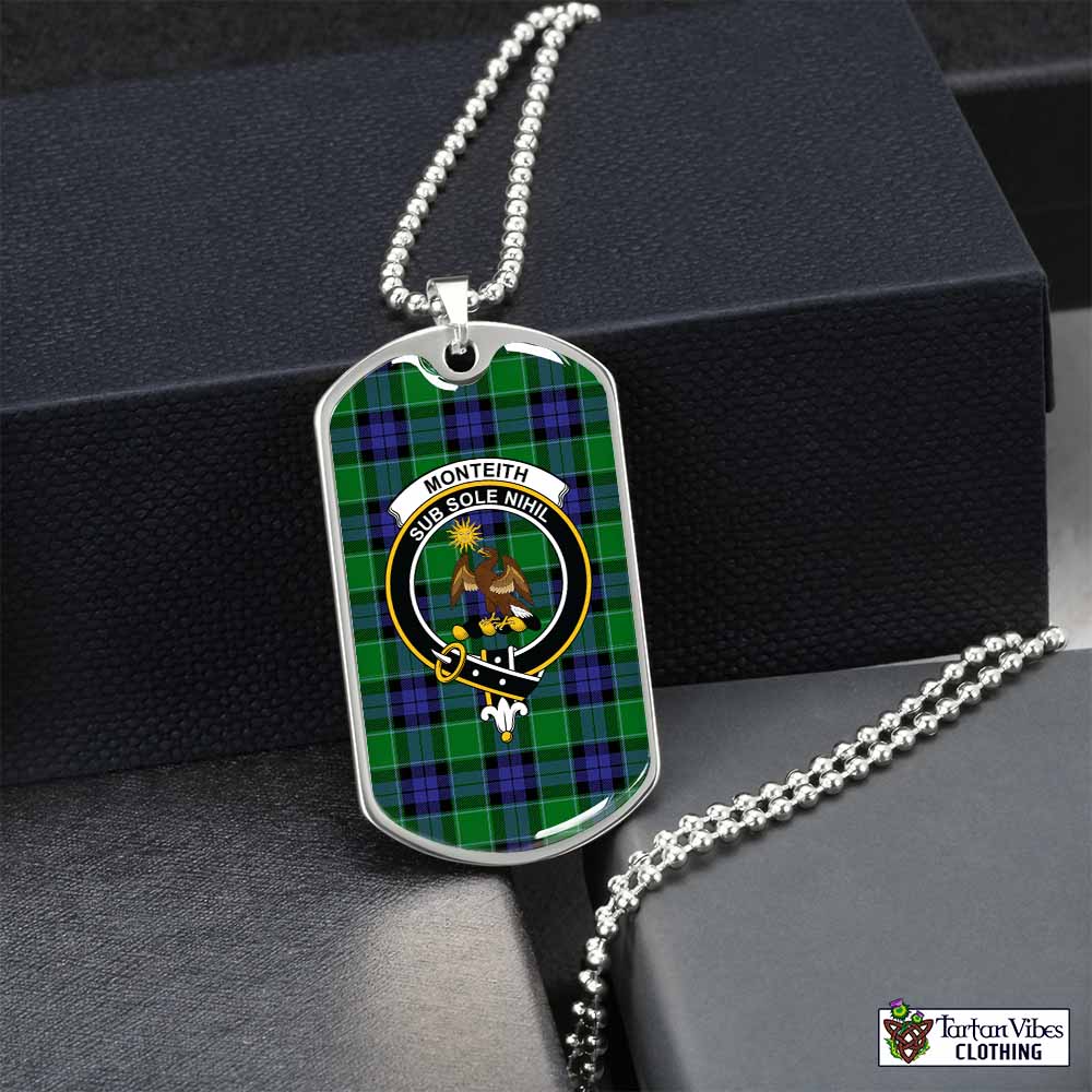 Monteith Tartan Dog Tag Necklace with Family Crest Silver No - Tartan Vibes Clothing