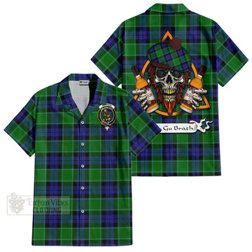 Monteith Tartan Hawaiian Shirt with Family Crest and Bearded Skull Holding Bottles of Whiskey Kid - Tartan Vibes Clothing