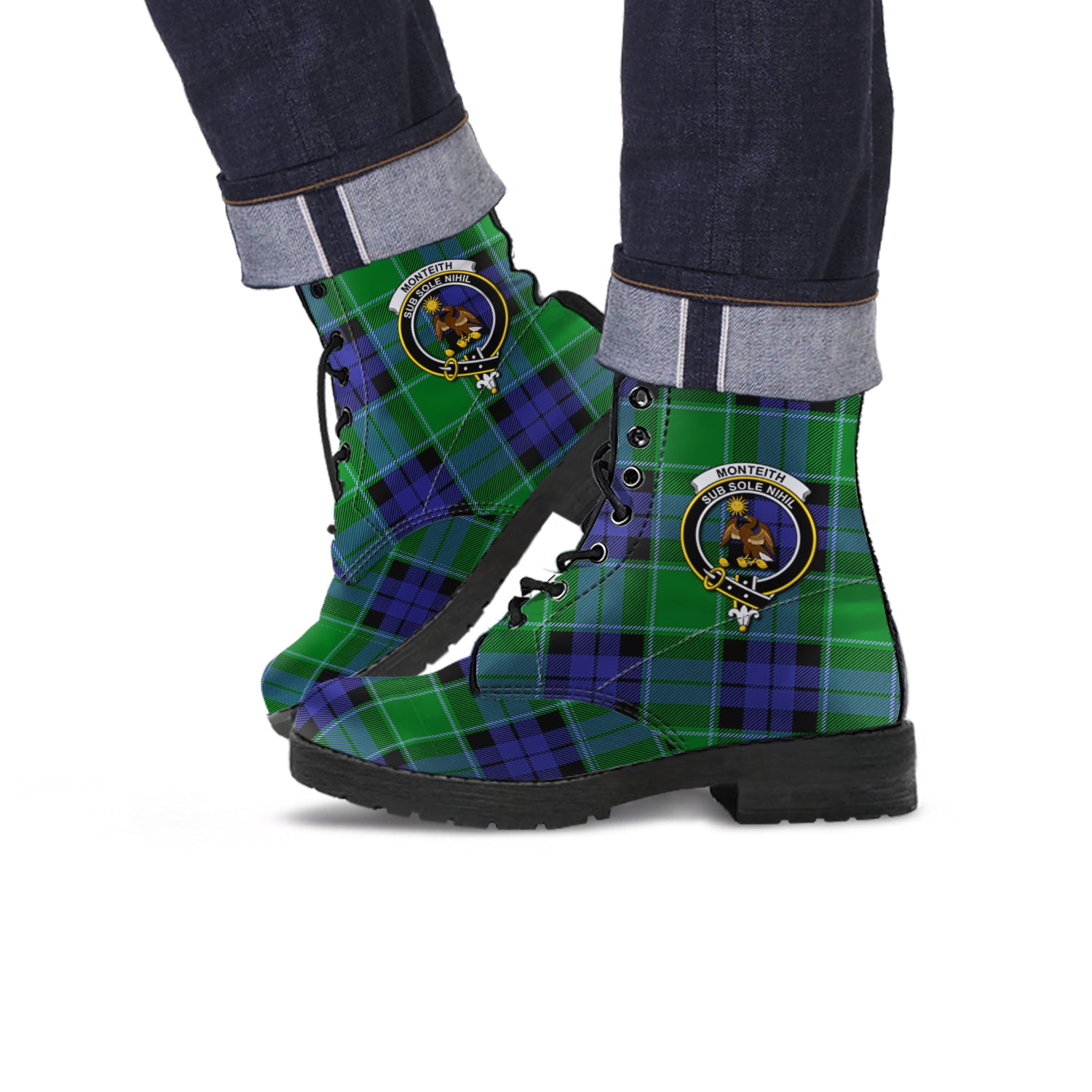 Monteith Tartan Leather Boots with Family Crest Men' Boots - Tartan Vibes Clothing