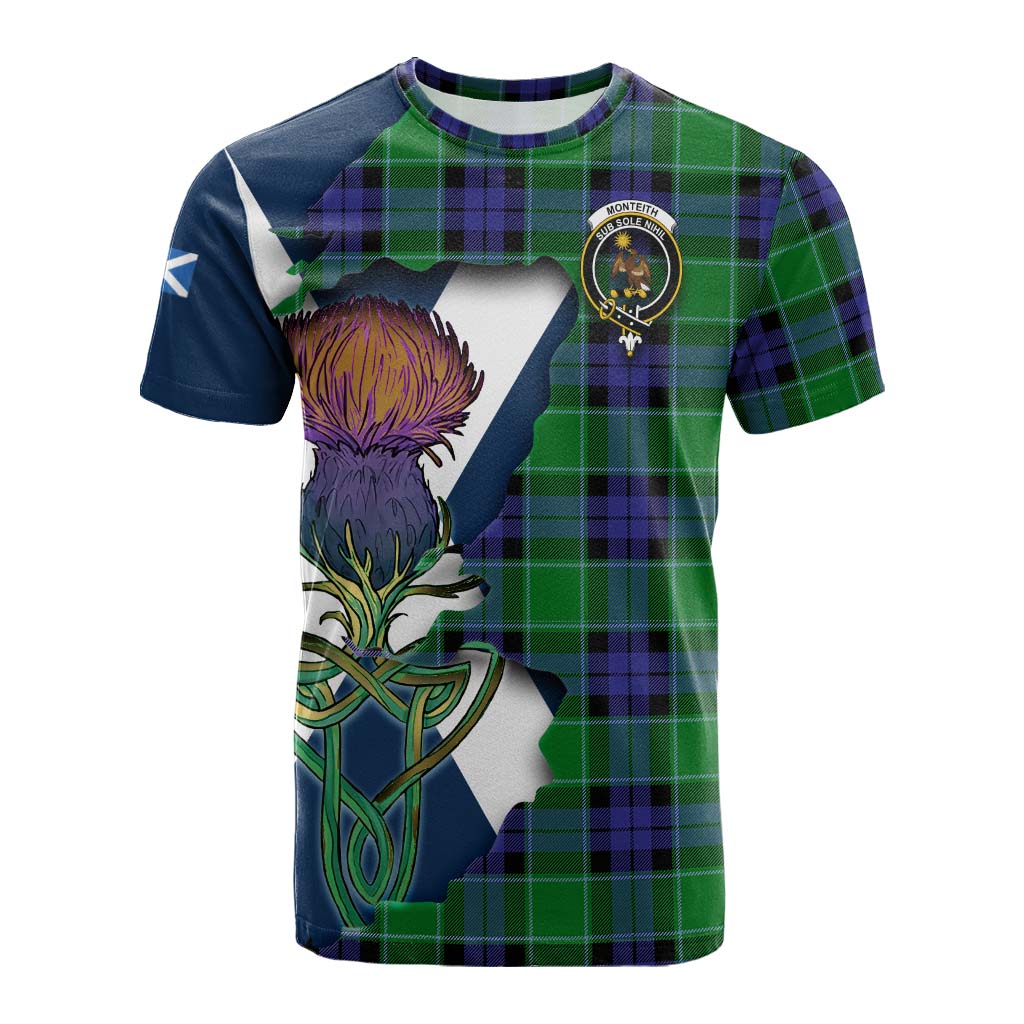 Tartan Vibes Clothing Monteith Tartan Family Crest Cotton T-shirt Scottish Thistle Celtic Inspired