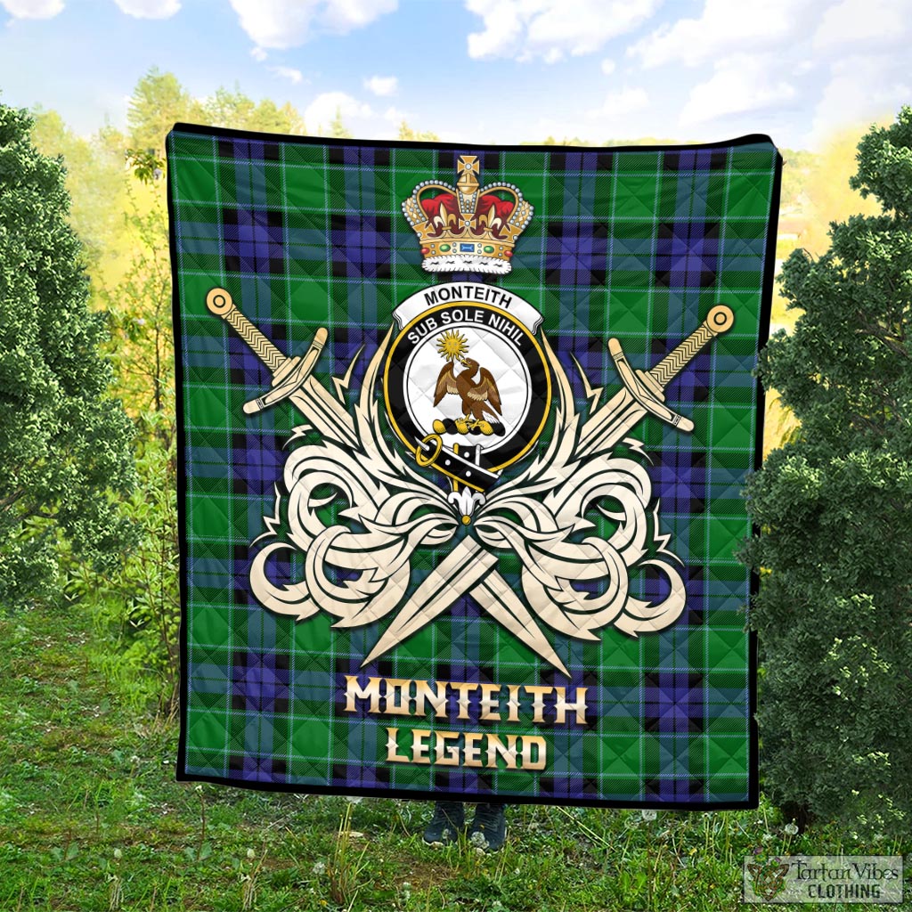 Monteith Tartan Quilt with Clan Crest and the Golden Sword of Courageous Legacy Super King Quilt 91" x 110" - Tartan Vibes Clothing