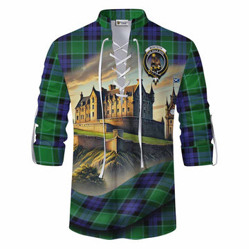 Monteith Tartan Family Crest Ghillie Kilt Shirt with Scottish Ancient Castle Style Men - Tartan Vibes Clothing