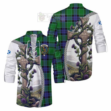Monteith Tartan Ghillie Kilt Shirt with Family Crest and St. Andrew's Cross Accented by Thistle Vines