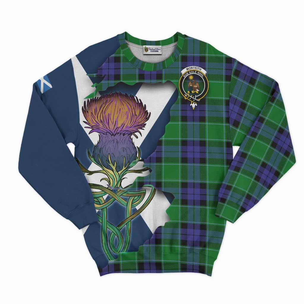 Tartan Vibes Clothing Monteith Tartan Family Crest Sweatshirt Scottish Thistle Celtic Inspired