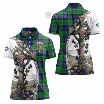 Monteith Tartan Women's Polo Shirt with Family Crest and St. Andrew's Cross Accented by Thistle Vines Women - Tartan Vibes Clothing