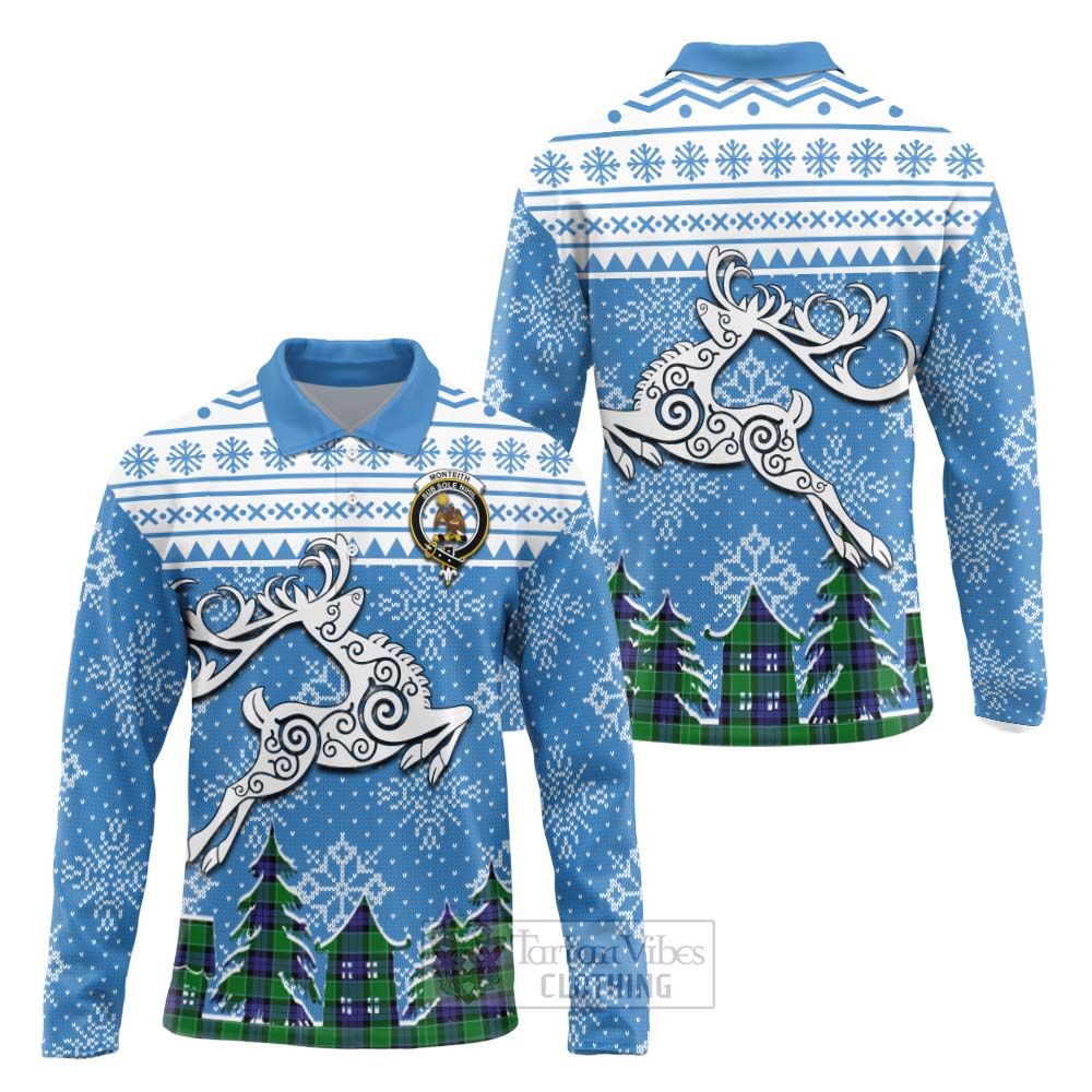 Monteith Clan Christmas Long Sleeve Polo Shirt Celtic Reindeer Style Unisex - Tartan Vibes Clothing