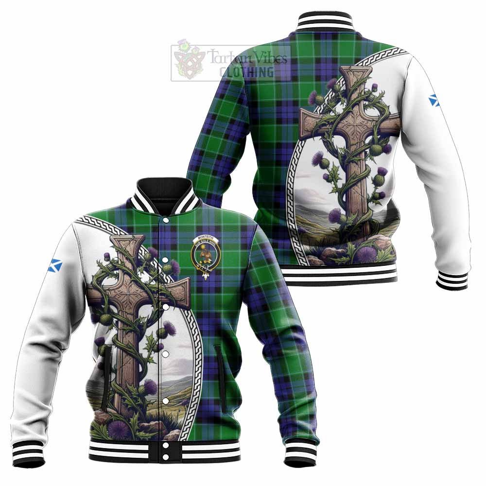 Monteith Tartan Baseball Jacket with Family Crest and St. Andrew's Cross Accented by Thistle Vines Unisex - Tartan Vibes Clothing