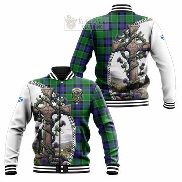 Monteith Tartan Baseball Jacket with Family Crest and St. Andrew's Cross Accented by Thistle Vines