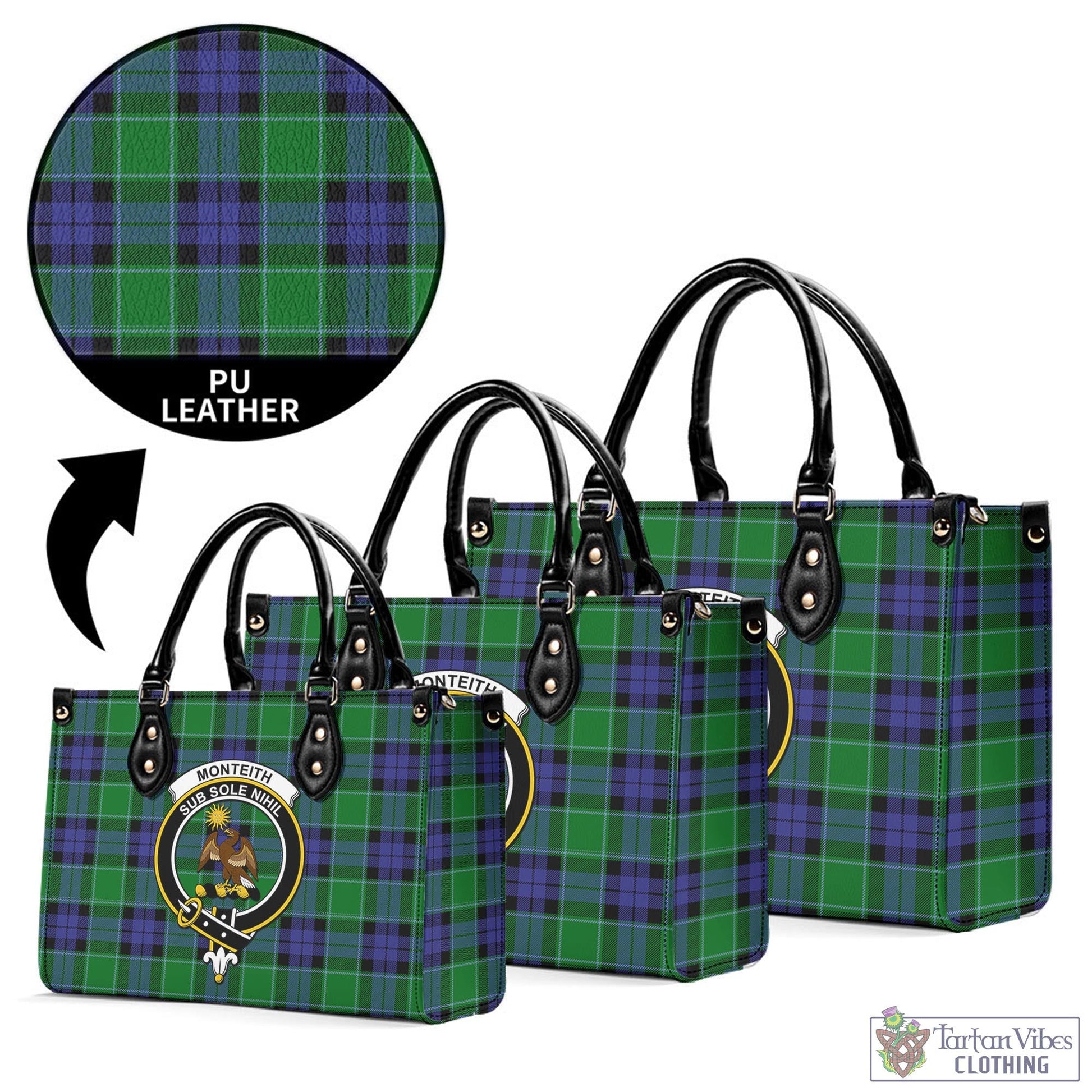 Monteith Tartan Luxury Leather Handbags with Family Crest L - Tartan Vibes Clothing