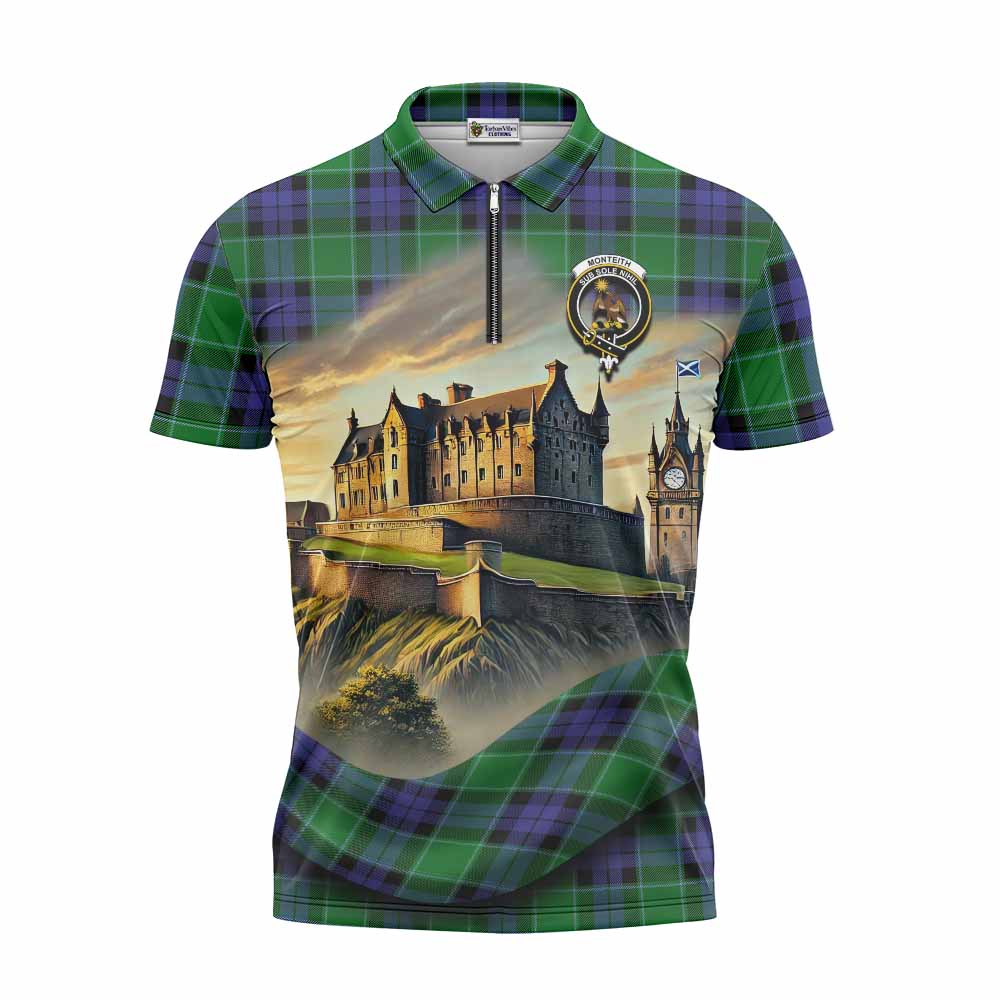 Monteith Tartan Family Crest Zipper Polo Shirt with Scottish Ancient Castle Style Unisex - Tartan Vibes Clothing