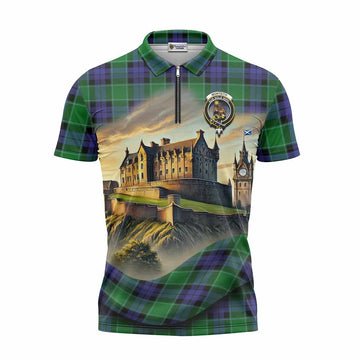 Monteith Tartan Family Crest Zipper Polo Shirt with Scottish Ancient Castle Style Unisex - Tartan Vibes Clothing