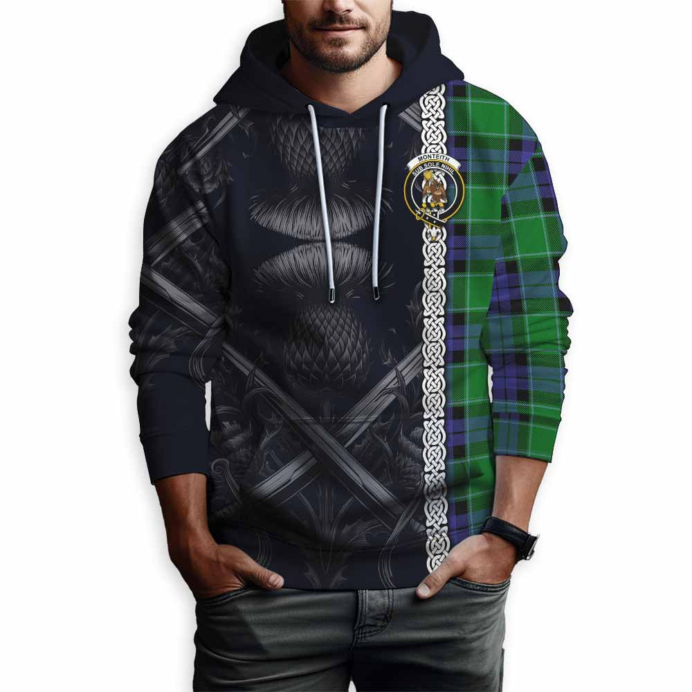 Monteith Tartan Hoodie with Family Crest Cross Sword Thistle Celtic Vibes Pullover Hoodie - Tartan Vibes Clothing