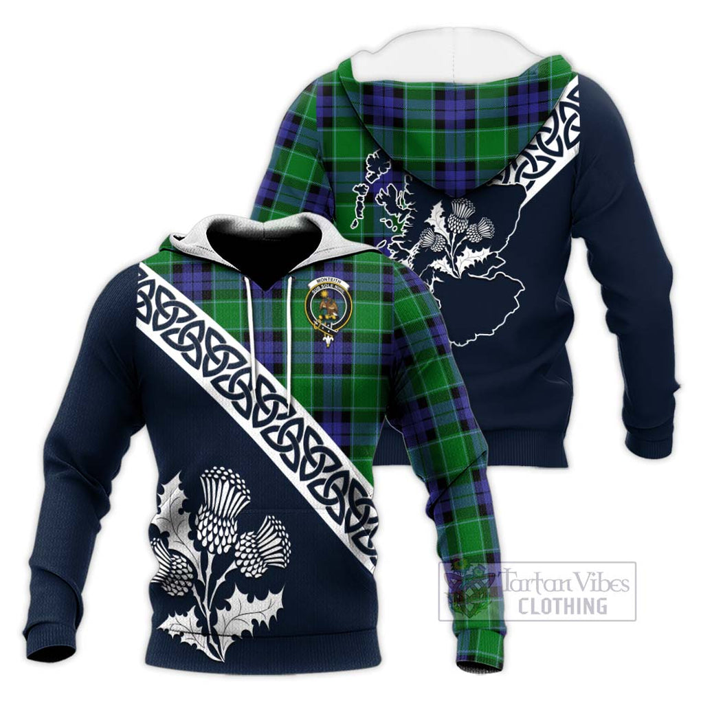 Monteith Tartan Knitted Hoodie Featuring Thistle and Scotland Map Unisex Knitted Pullover Hoodie - Tartan Vibes Clothing