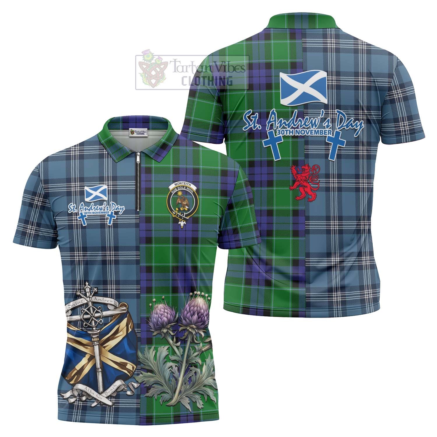Monteith Tartan Zipper Polo Shirt Happy St. Andrew's Day Half Tartan Style Unisex - Tartan Vibes Clothing