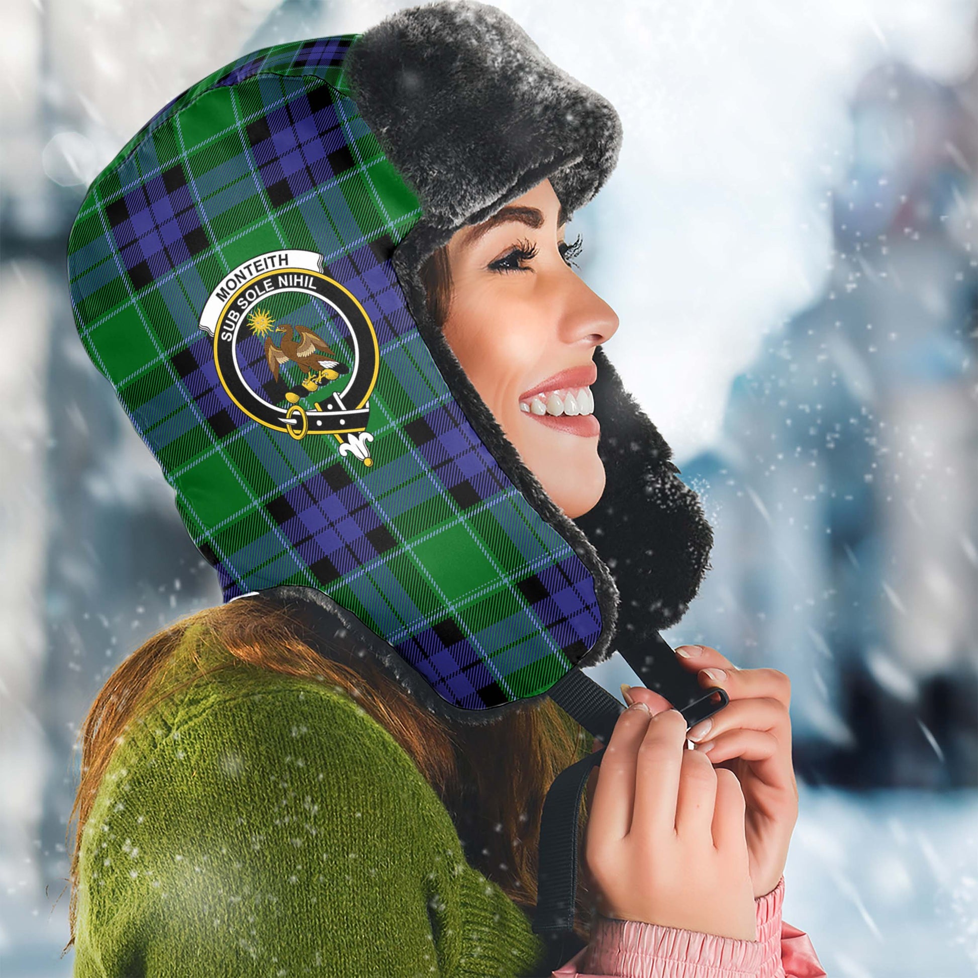Monteith Tartan Winter Trapper Hat with Family Crest Winter Trapper Hat Universal Fit Circumference 22.8in (58cm) - Tartan Vibes Clothing