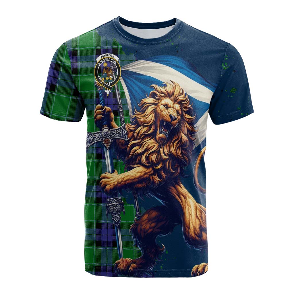 Monteith Tartan Family Crest Cotton T-shirt with Scottish Majestic Lion Kid's Shirt - Tartan Vibes Clothing