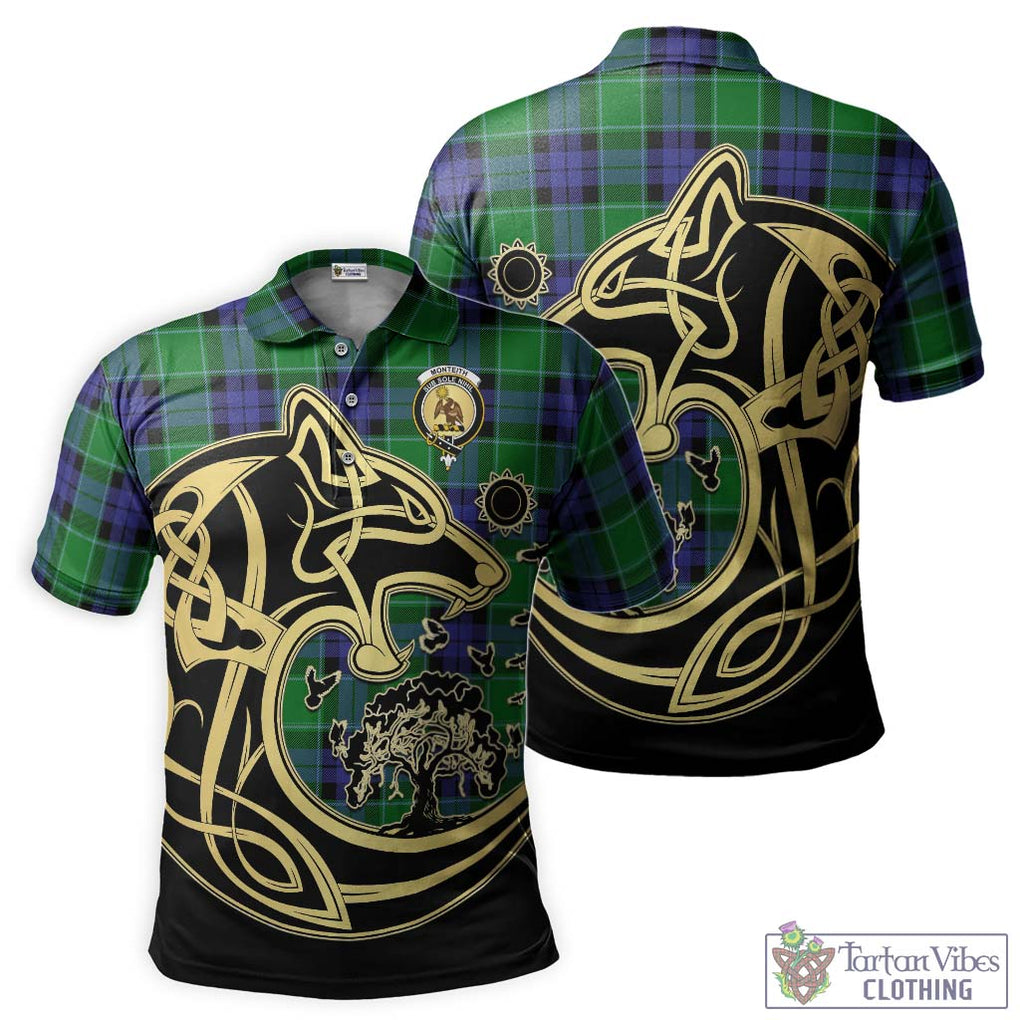 Monteith Tartan Polo Shirt with Family Crest Celtic Wolf Style Kid - Tartan Vibes Clothing