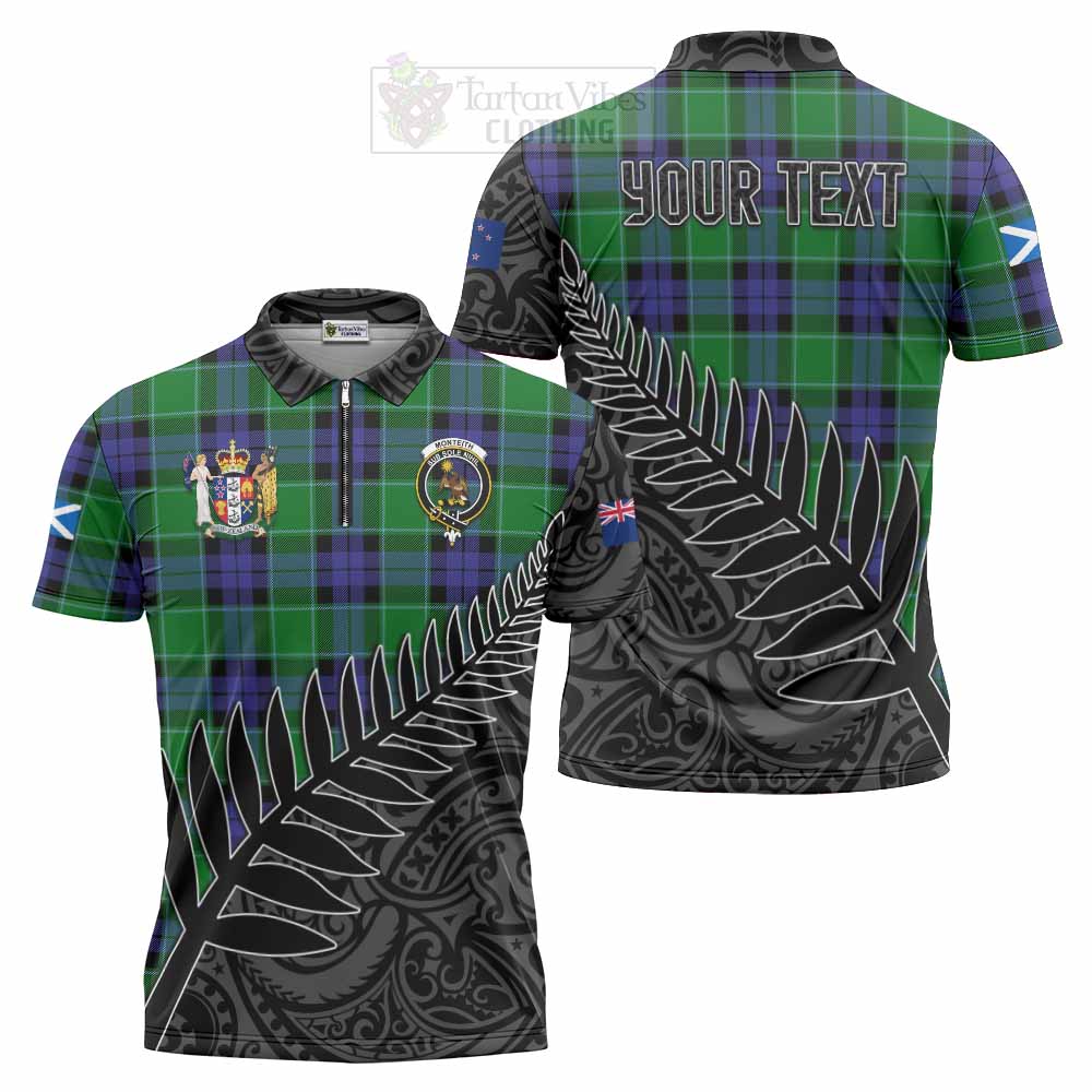Tartan Vibes Clothing Monteith Crest Tartan Zipper Polo Shirt with New Zealand Silver Fern Half Style