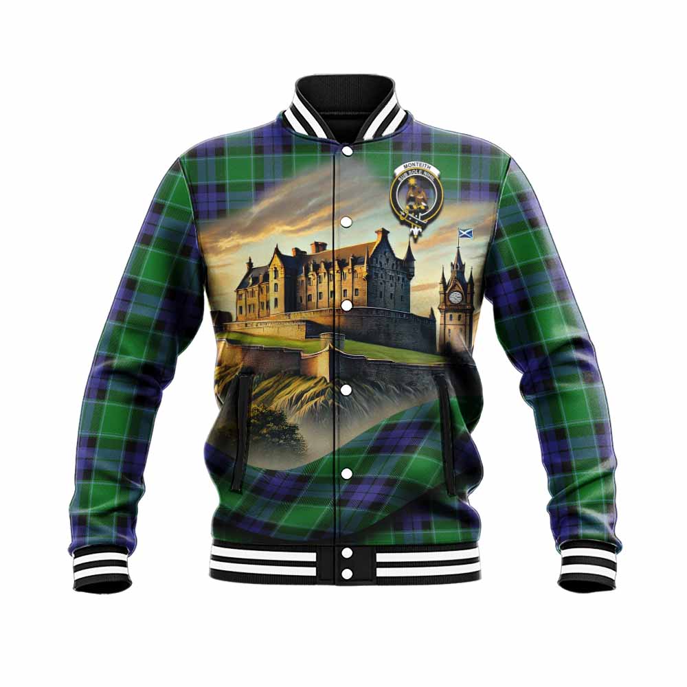 Monteith Tartan Family Crest Baseball Jacket with Scottish Ancient Castle Style Unisex - Tartan Vibes Clothing