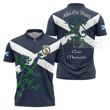 Monteith Tartan Lion Rampant Zipper Polo Shirt Proudly Display Your Heritage with Alba Gu Brath and Clan Name Unisex - Tartan Vibes Clothing