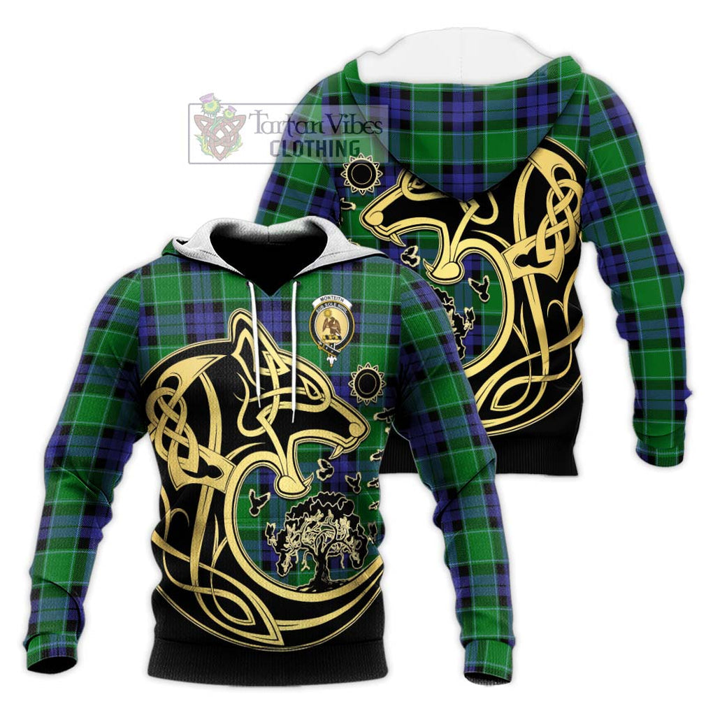 Monteith Tartan Knitted Hoodie with Family Crest Celtic Wolf Style Unisex Knitted Pullover Hoodie - Tartan Vibes Clothing