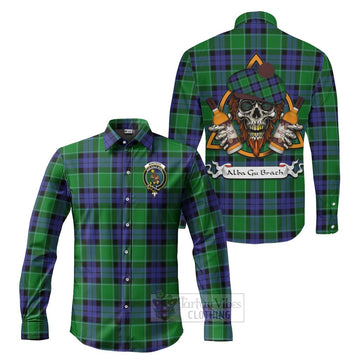 Monteith Tartan Long Sleeve Button Shirt with Family Crest and Bearded Skull Holding Bottles of Whiskey Men's Shirt S - Tartan Vibes Clothing