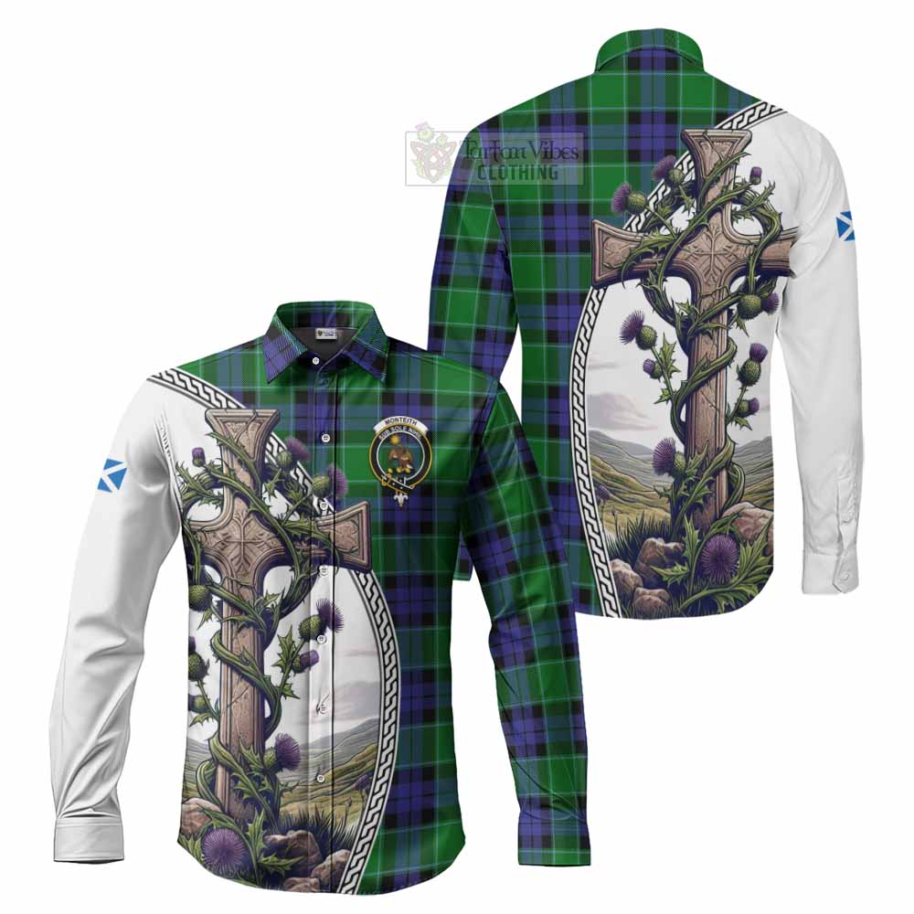 Monteith Tartan Long Sleeve Button Shirt with Family Crest and St. Andrew's Cross Accented by Thistle Vines Men's Shirt S - Tartan Vibes Clothing