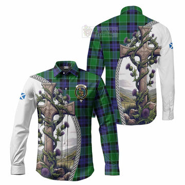 Monteith Tartan Long Sleeve Button Shirt with Family Crest and St. Andrew's Cross Accented by Thistle Vines Men's Shirt S - Tartan Vibes Clothing