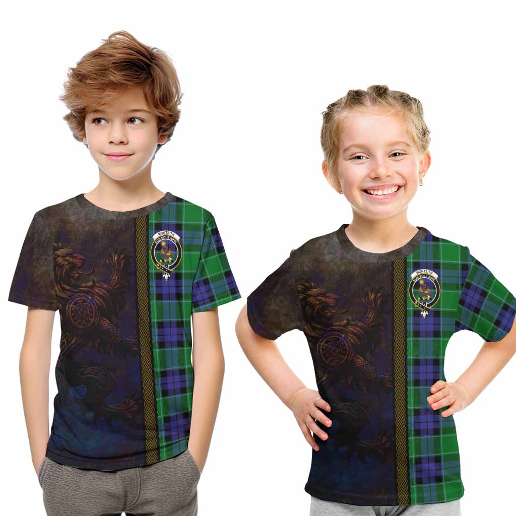 Tartan Vibes Clothing Monteith Tartan Family Crest Kid T-Shirt Alba Gu Brath Be Brave Lion Ancient Style