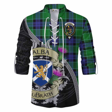Monteith Tartan Family Crest Ghillie Kilt Shirt Lion Rampant Royal Thistle Shield Celtic Inspired Men - Tartan Vibes Clothing