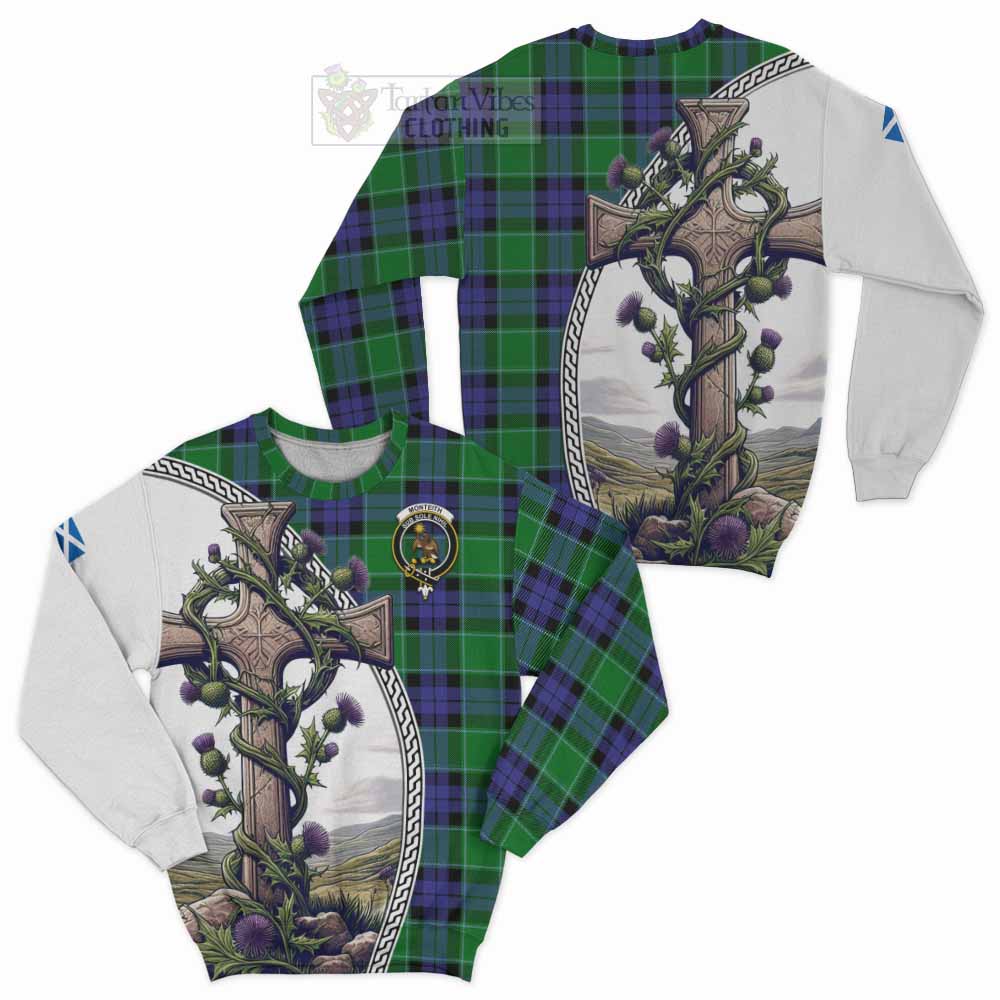 Monteith Tartan Sweatshirt with Family Crest and St. Andrew's Cross Accented by Thistle Vines Unisex - Tartan Vibes Clothing