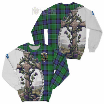 Monteith Tartan Sweatshirt with Family Crest and St. Andrew's Cross Accented by Thistle Vines