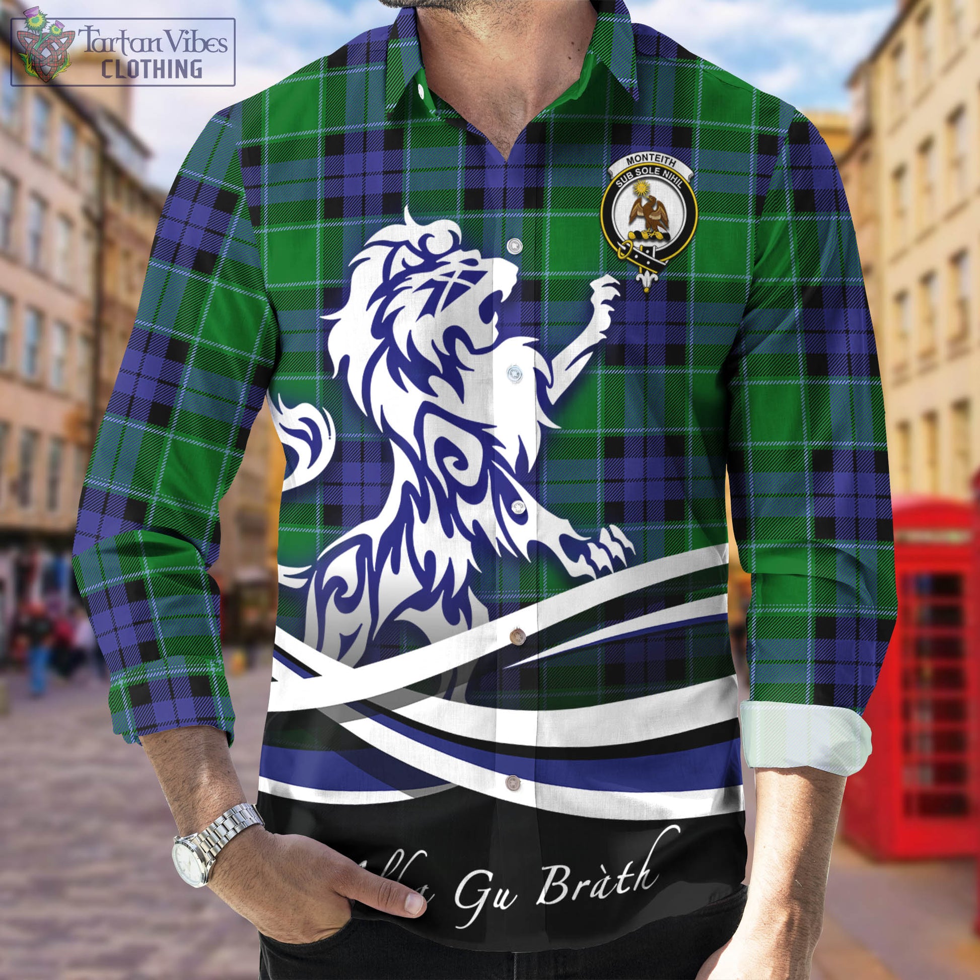 Monteith Tartan Long Sleeve Button Up Shirt with Alba Gu Brath Regal Lion Emblem Men's Shirt - Tartan Vibes Clothing