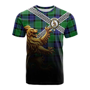 Tartan Vibes Clothing Monteith Crest Tartan Cotton T-shirt with Golden Lion Emblem Celtic Style