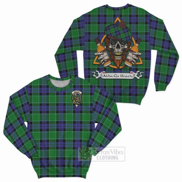 Monteith Tartan Sweatshirt with Family Crest and Bearded Skull Holding Bottles of Whiskey Unisex - Tartan Vibes Clothing