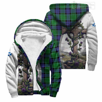 Monteith Tartan Sherpa Hoodie with Family Crest and St. Andrew's Cross Accented by Thistle Vines Unisex S - Tartan Vibes Clothing