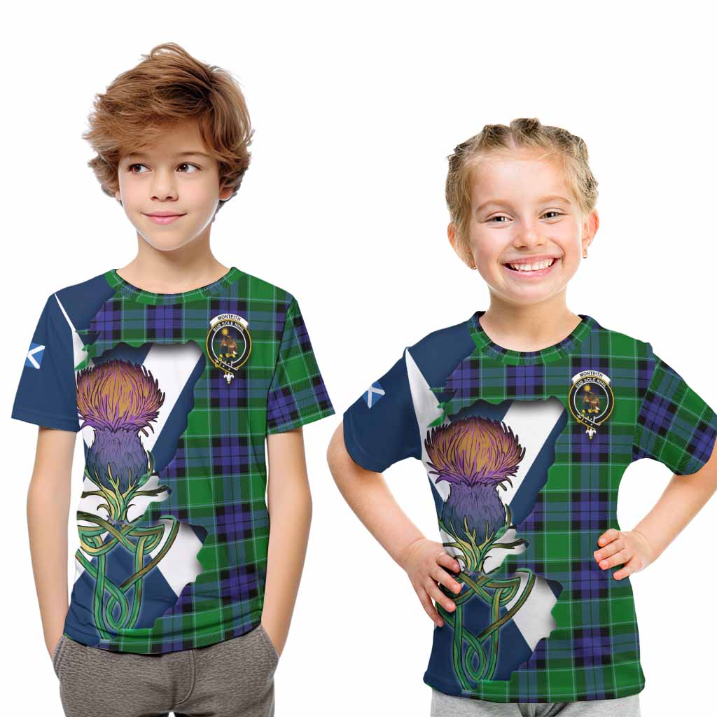 Tartan Vibes Clothing Monteith Tartan Family Crest Kid T-Shirt Scottish Thistle Celtic Inspired
